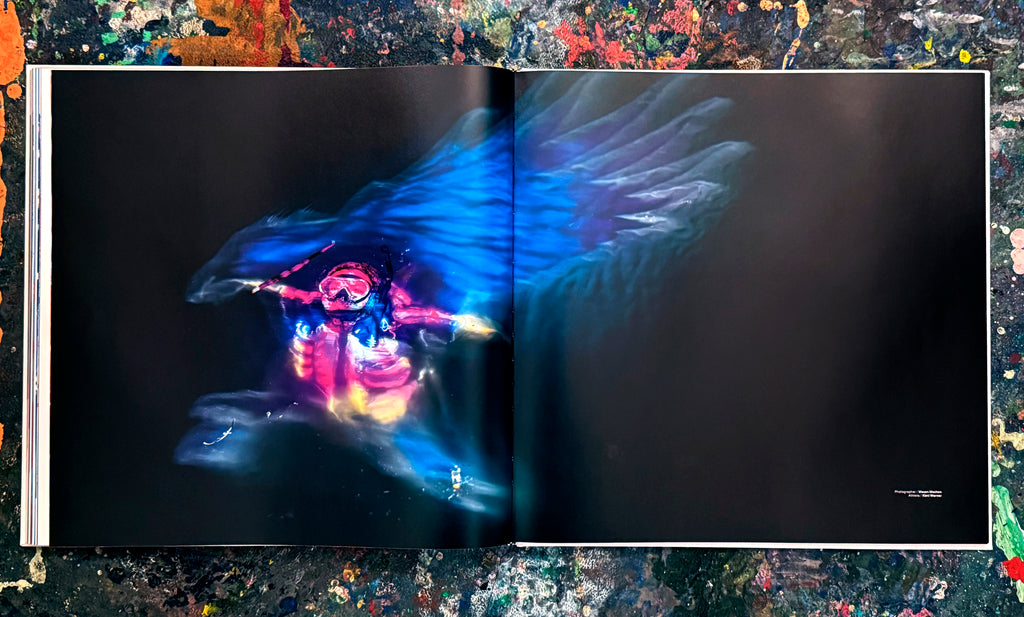Open book showing a colorful illustration of a winged creature on a dark background