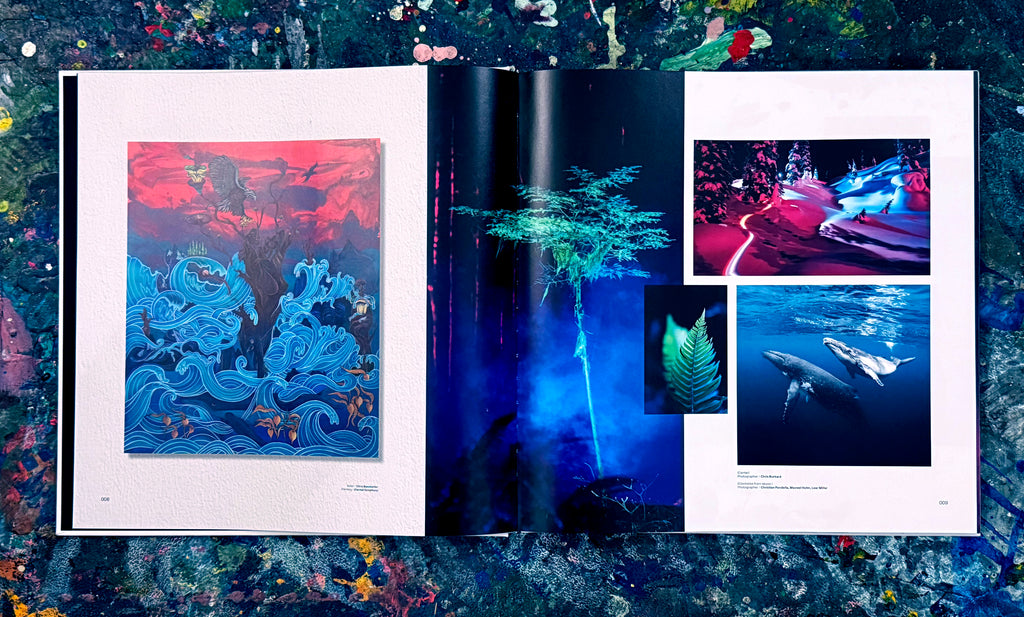 Open book with artistic illustrations on a textured blue background